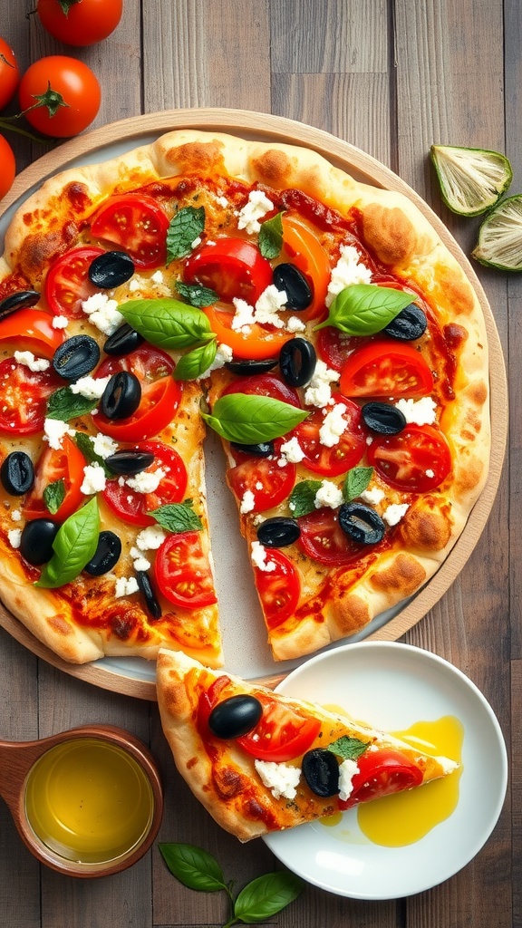 Mediterranean Greek vegetable pizza with colorful toppings on a rustic wooden table.